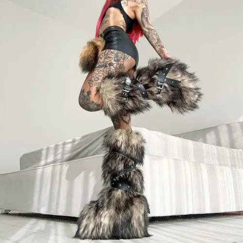 인조 모피 무릎 높이 부츠 라운드 토 높이 증가 와일드 겨울 워머 벨트 버클 슬립온 패션 럭셔리 섹시 여성 신발, 최신 