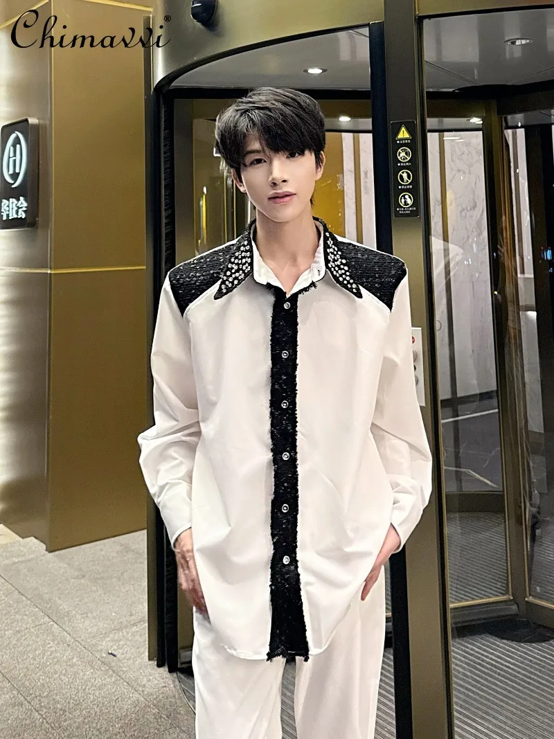 

White Long Sleeve Shirt for Men Heavy Rhinestone Korean Fashion Loose Fit Handsome Color-blocking Patchwork Shirt 2025 Autumn