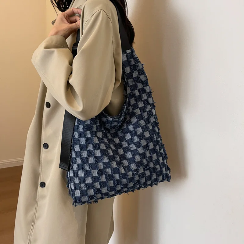 Vintage Denim Women Large Capacity Shoulder Bags Blue Checked Handbag Tote Underarm Bag Female Armpit Handle Bags