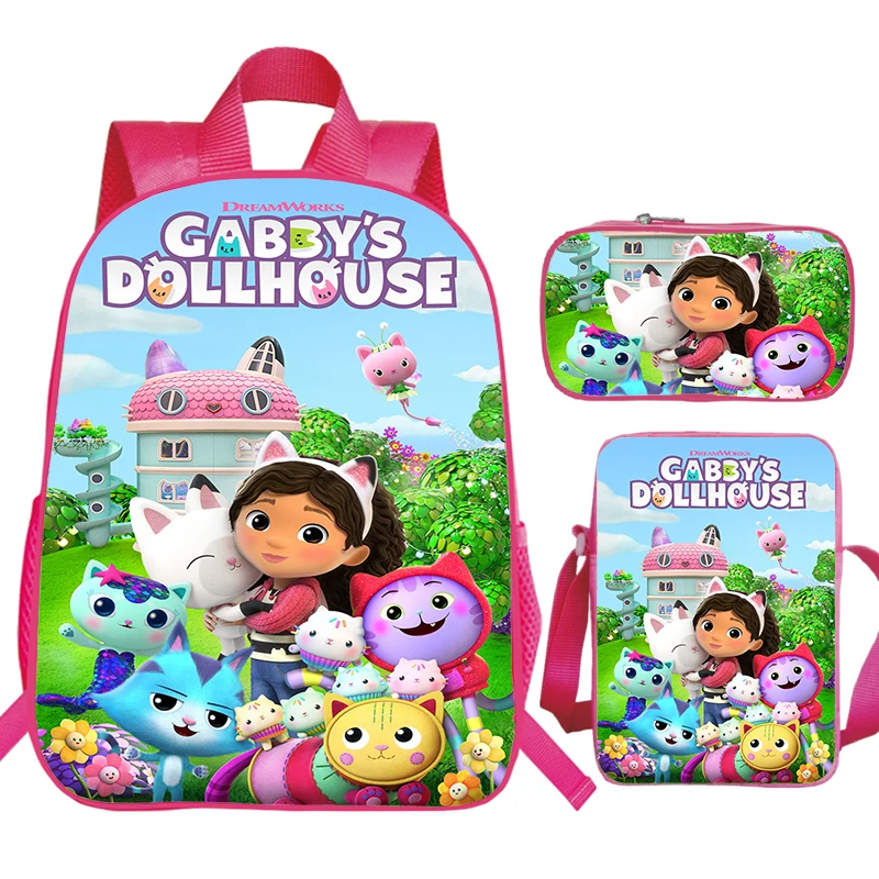 Gabby's Puppenhaus Schult aschen wasserdicht 3 stücke Set Kinder rosa Bücher tasche Vorschule Mädchen Cartoon Rucksack mit Umhängetasche Stift Tasche