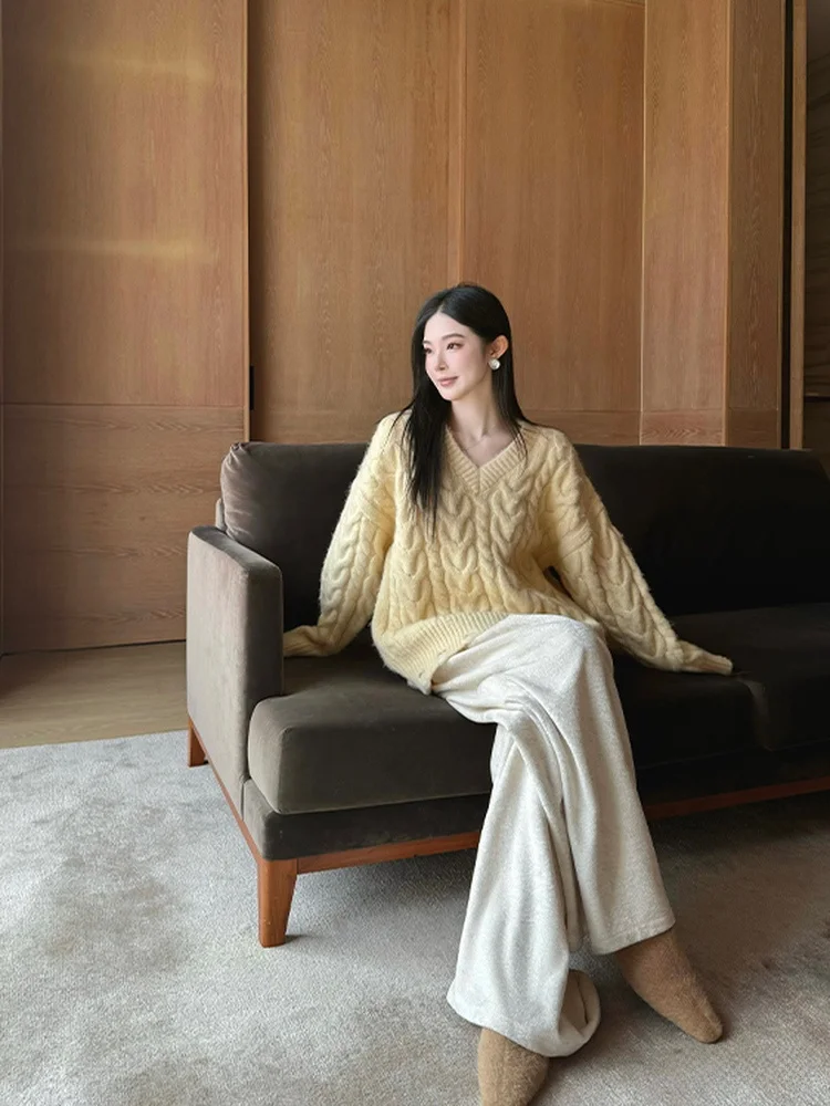 

ALIN Cloud Cheese Sle Women's Knitted Sweater V-Ne Torn Hole Long Sve Regular Length Faionable Autumn Winter Slimming