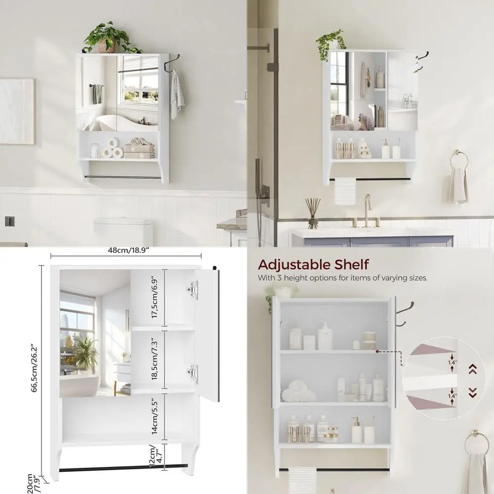 

White Wall-Mounted Bathroom Cabinet with Mirror, 2-Door Medicine Storage, Adjustable Shelves, 18.9W x 26.2H