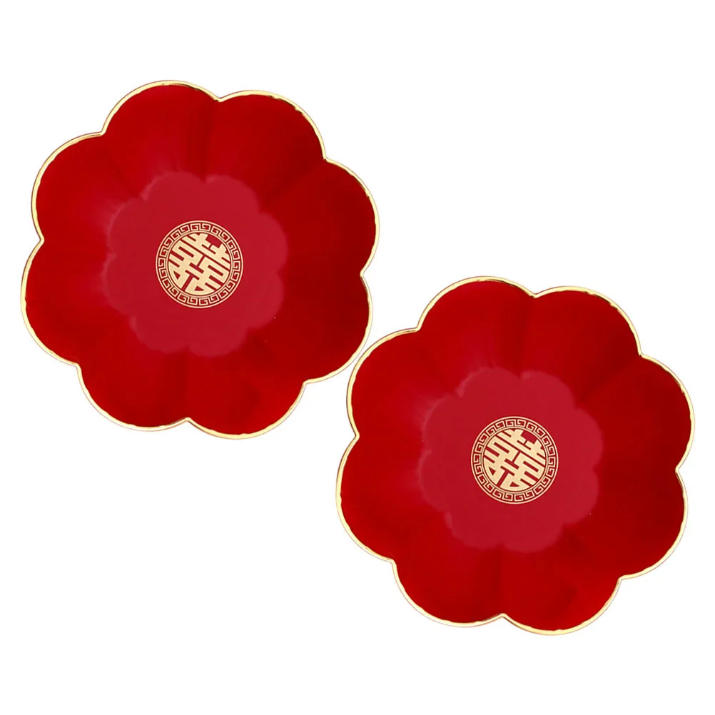 

2Pcs Chinese Style Red Fruit Plate Festive Design Wedding Tea Ceremony Candy Snack Tray Decorative Serving