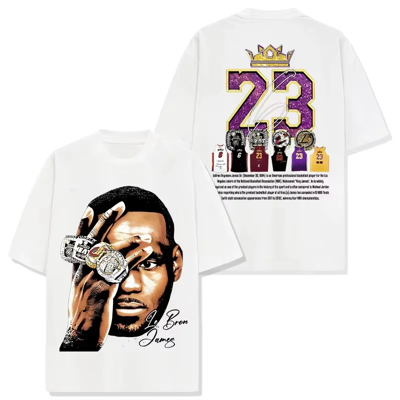 LeBron James 23 Double Sided Print T-shirt Championship Rings Portrait Vintage Basketball Star Unisex Oversized Short Sleeve Tee