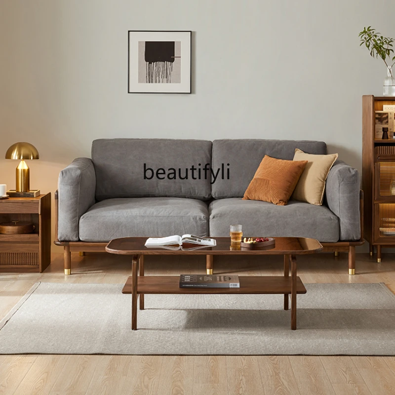 Nordic Solid Wood Cloth Craft Sofa Black Walnut Modern Simple Small Apartment Single Double Three-Seat Living Room Combination