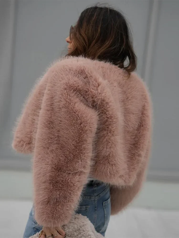 Women's Pink Faux Fur Imitation Mink Cropped Jacket 2024 New Winter Warm Coat Female Streetwear Outwear Short Coats