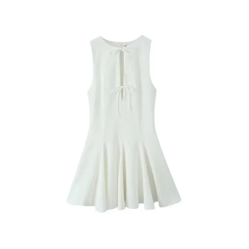 Vestido corto sin mangas, con cuello redondo, para mujer, con lazo, dobladillo con volante y cremallera en la espalda. Vestido de moda para mujer.