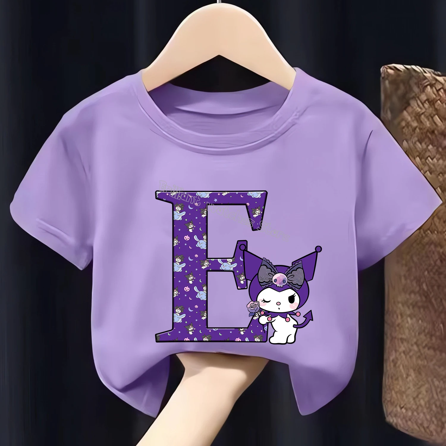 Kuromi Letter A-Z T-shirt dla dzieci Cute Cartoon Clothes Fashion Top Clothing New Purple Short Sleeve Summer Tee Kids Gift