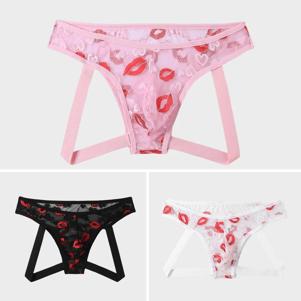 

Men Sexy Mesh Sheer Trunks Soft Strap Gay Sissy Bulge Pouch Lingerie Lounge Briefs Low Rise Breathable Printed Underwear Panties