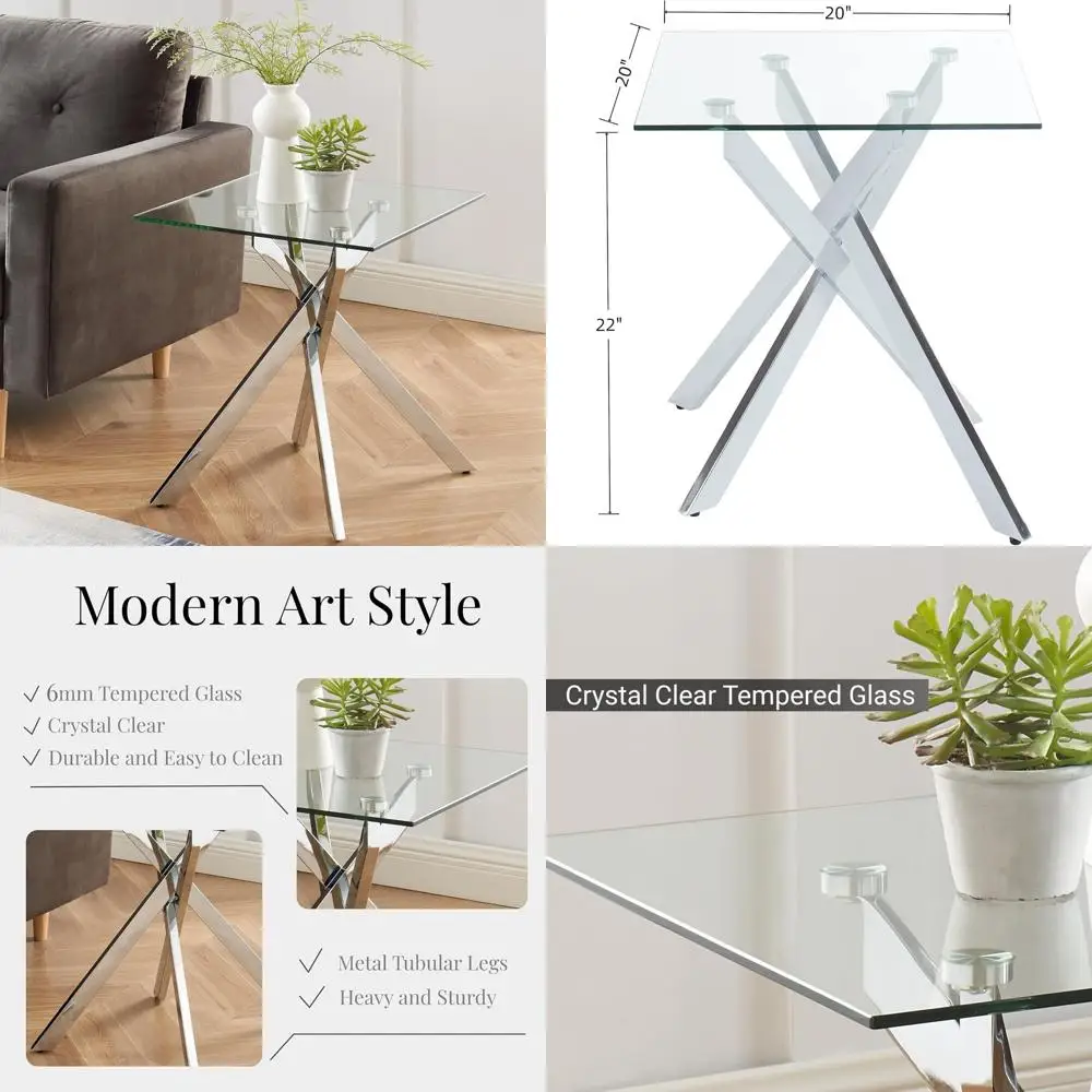 طاولة جانبية مربعة الشكل من الزجاج المقسى مع أرجل معدنية، فضي، 20 × 20 × 22 بوصة، أثاث غرفة المعيشة الحديثة #1