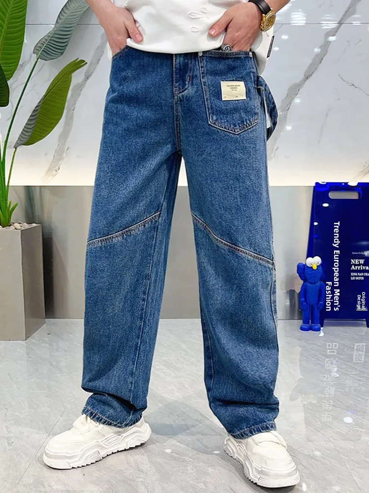 

Spring Summer Men's Faion Straight Leg Wide Leg Jeans Casual Blue Loose Versatile Jeans ket Decoration Breathable