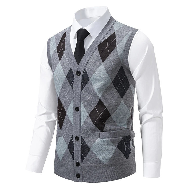 Vintage Checkered Vest Sweater for Men Knitted Cardigan Waistcoat Fall Clothes Elegant V Neck Man Business Sleeveless Sweater view 3