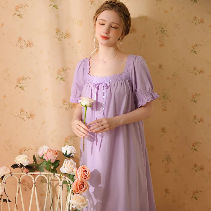 Pure Cotton Vintage Night Dress Women Short Sleeve Loose Long Robe Sexy Sleepwear Princess Nightwear Dressing Gown Nightgowns