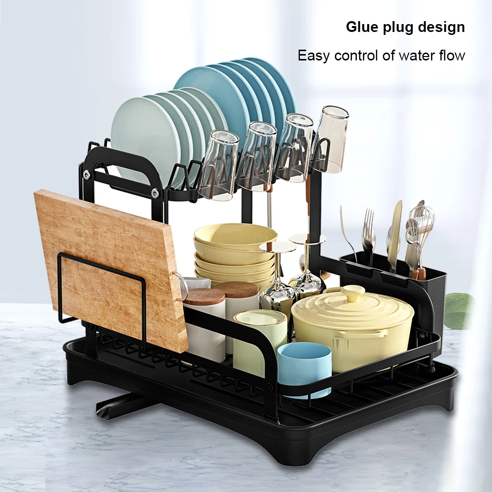 2 Tier Dish Drainer with Drip Tray Bowl Dish Draining Shelf Chopstick Holder Cup Holder Cutting Board Holder for Kitchen Counter