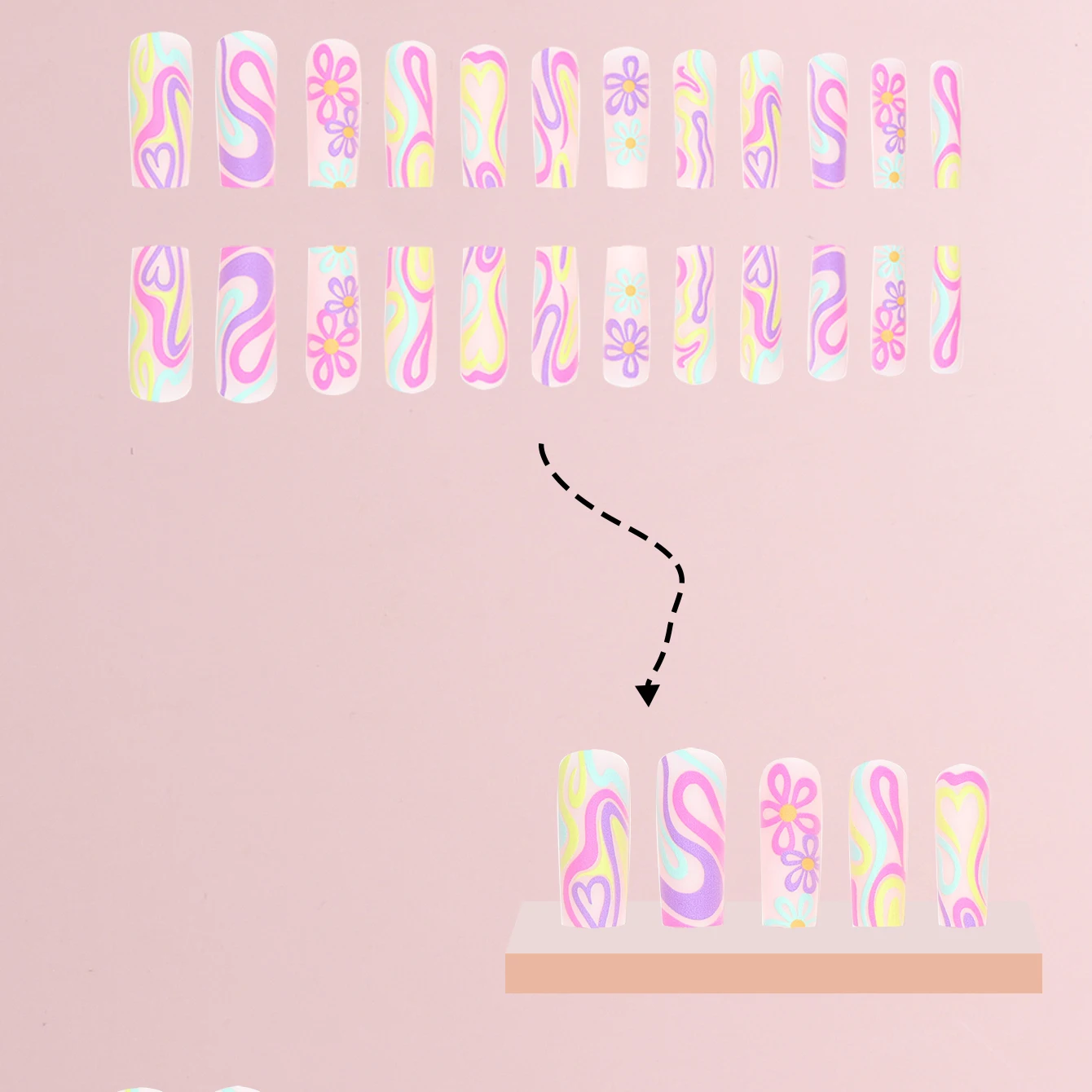 أظافر مزيفة مجمدة ثلاثية الأبعاد لخطوط قوس قزح ، وأنماط حب إبداعية ، و 24 توابيت طويلة ، وملف مسمار واحد وشريط #4