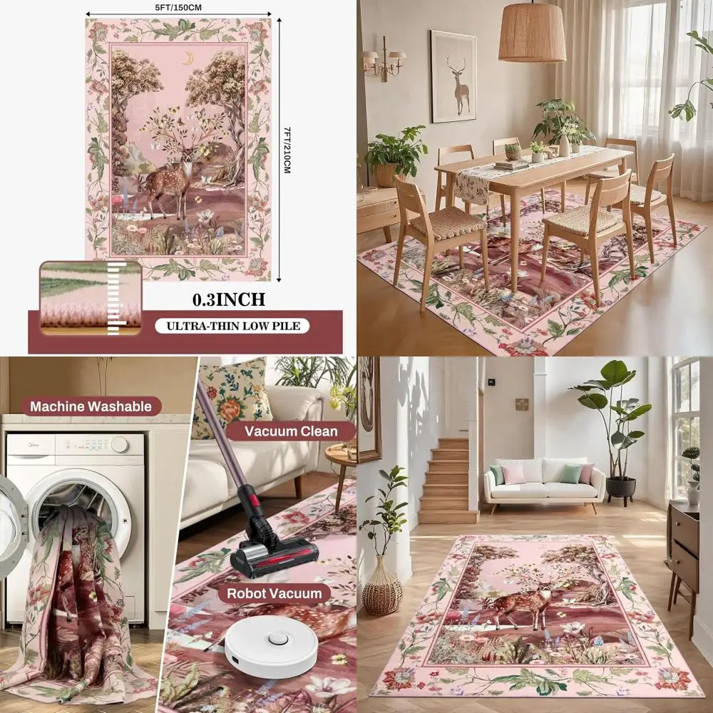 

Machine Washable 5x7 Pink Reindeer Floral Rug with Non-Slip Backing for Christmas Living Room, Bedroom, Dining Area, and Kids' P