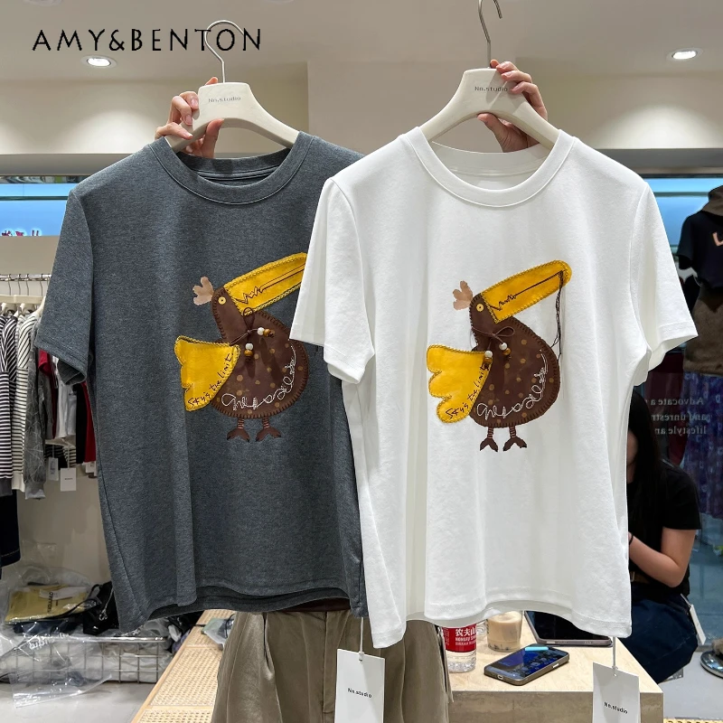 

Cartoon Print Embroidery Loose Short Sleeves T-shirt 2025 Early Autumn Fashionable Youthful Regular Shoulder Round Neck Top Tees