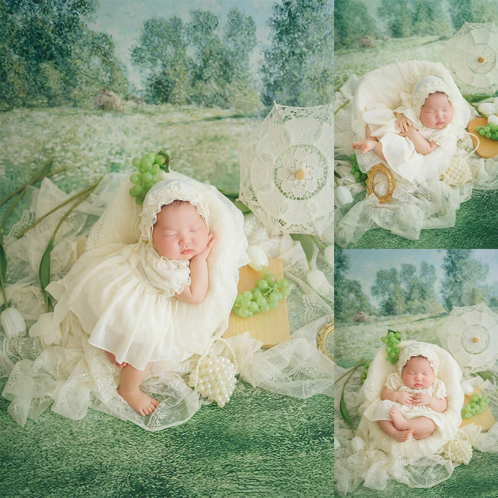 プロの新生児写真撮影用小道具レースベビードレス-帽子セットヴィンテージレース傘スタジオ用カントリースタイル撮影アクセサリー
