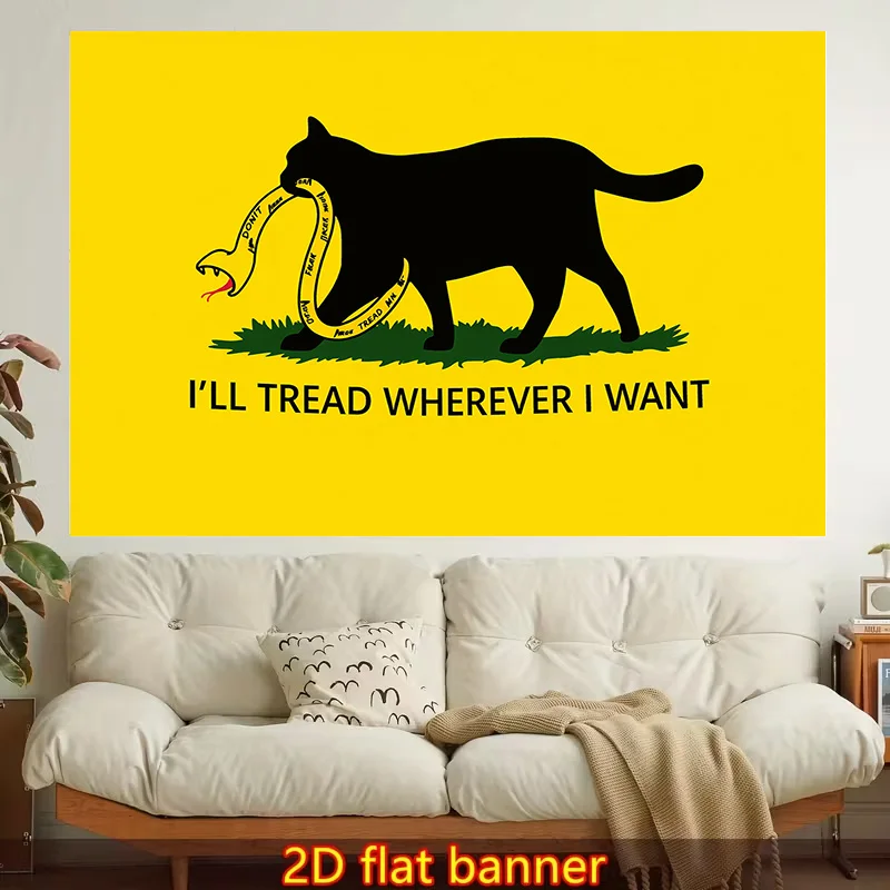 1pc 2D Flat Printed Wall Tapestry | Defiant Cat On Yellow Background, 