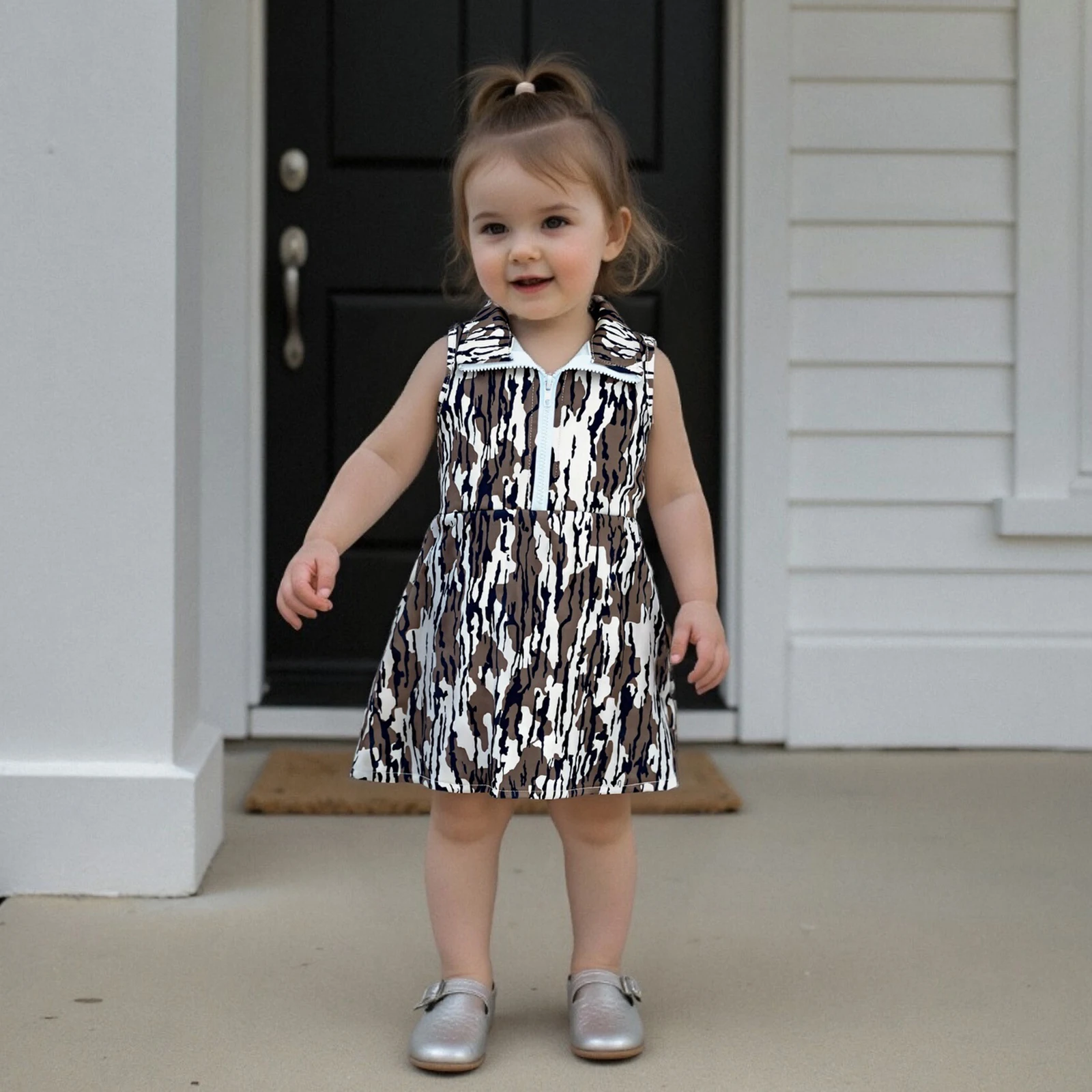 

Kid Clothes Girl Camo Tank Dress Half Zip-up Collared Sleeveless A-line Dress Casual Summer Clothes