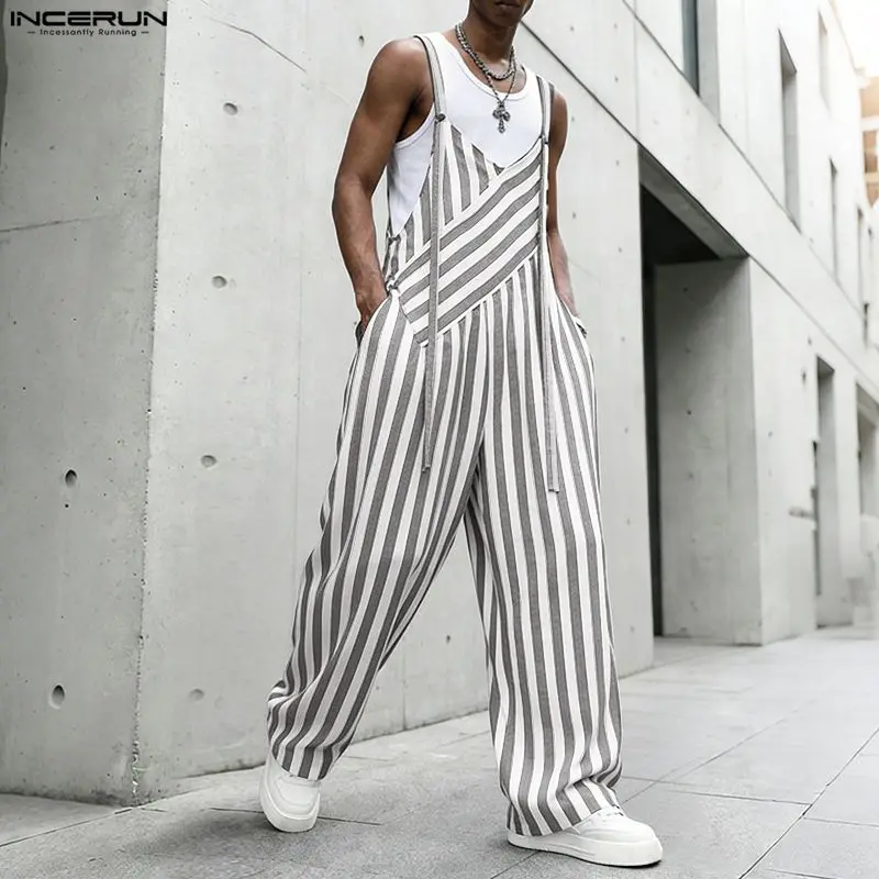 INCERUN Men's Jumpsuits Striped V Neck Sleeveless Straps Rompers For Man Overalls Streetwear Oversize 2026 Fashion Casual Pants view 2