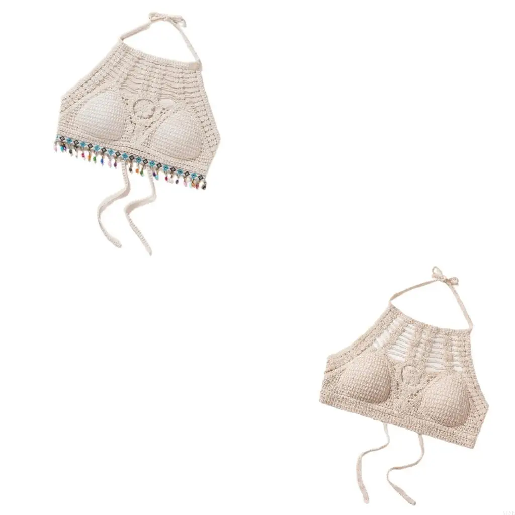 

Y3NE Bohemian Crochet Halter Backless Bra Top Hollowout Knit Camisole with Tassels