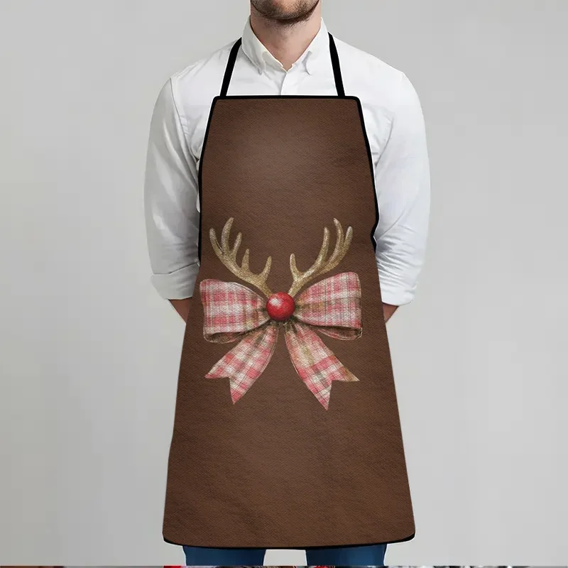 1pc Large Christmas Apron - Brown with Red & White Bow Tie, Heavy-Duty Polyester Kitchen Apron for Cooking, Baking