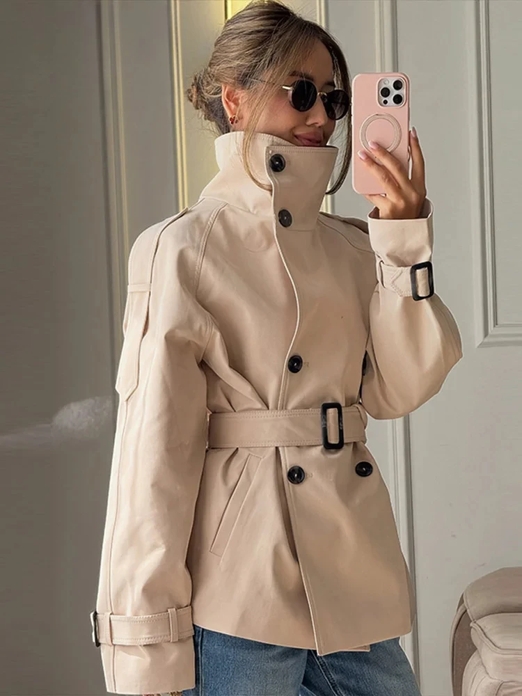 Elegant Belt Women's Short Trench Coat Stand Collar Long Sleeve Double Breasted Windbreaker 2026 Autumn Lady Commute Jacket 2