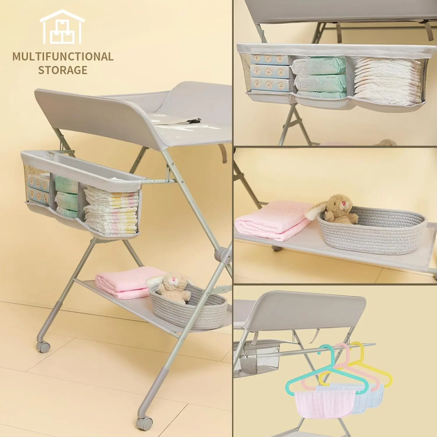 Portable Baby Changing Table with Wheels, 4-Level Height Adjustable Diaper Station & Storage Rack for Newborns (Light Grey)