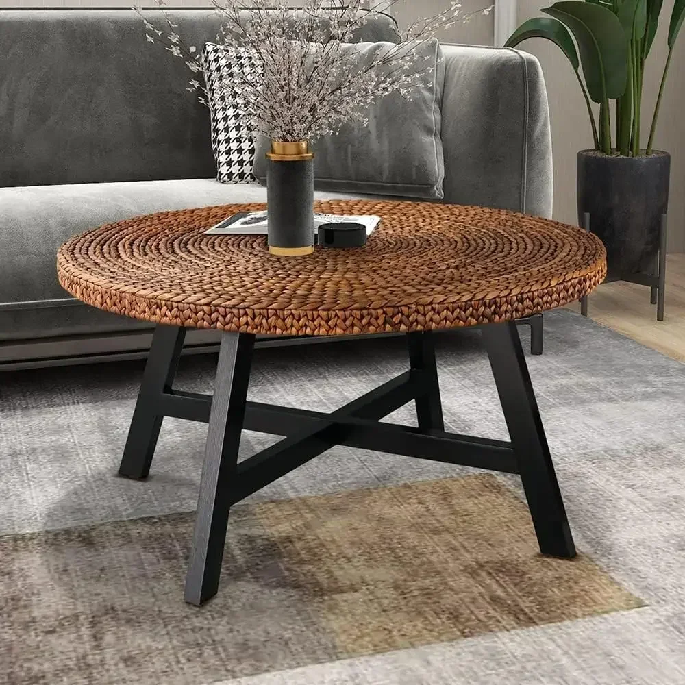 Round Coffee Table, Seagrass Coffee Solid Pine Wood X Base Frame Cocktail Table, Easy Assembled, Multiple Sizes for Living Room,