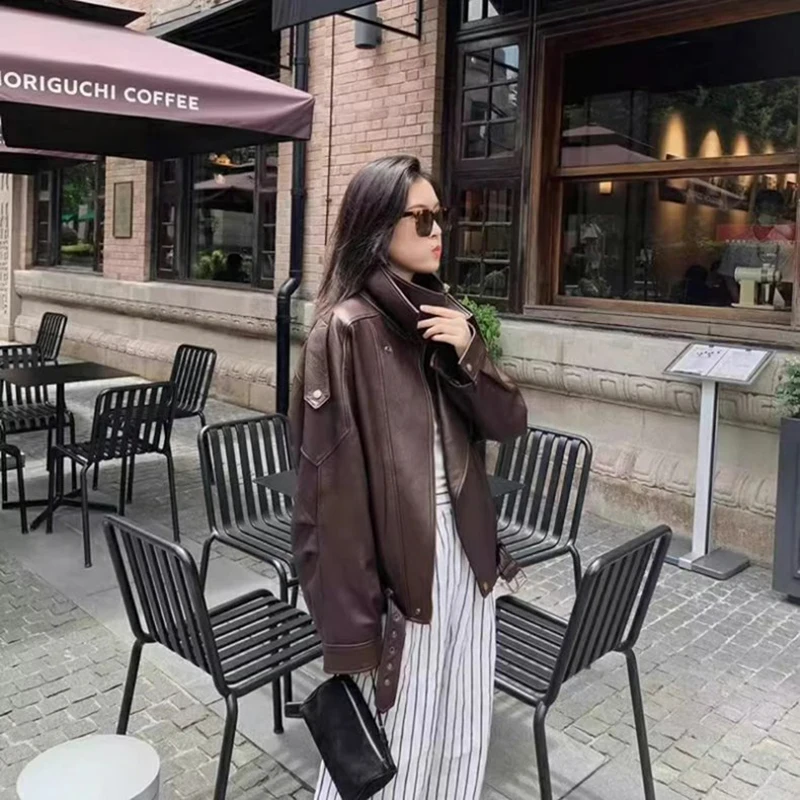 سترة نسائية كبيرة الحجم من جلد البولي يوريثان لربيع وخريف بأكمام طويلة وسحاب ملابس فاخرة بتصميم عتيق ملابس خارجية أنيقة للشارع