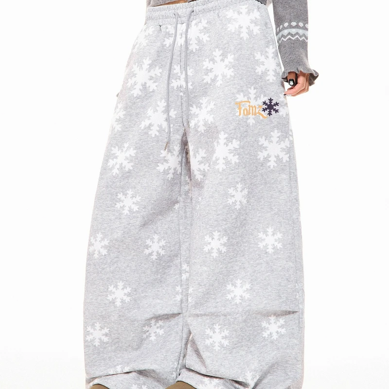 الأمريكية رمادي ندفة الثلج طباعة كاملة الصوف سراويل تقليدية نسائية 2025 شتاء جديد فضفاض متعدد الاستخدامات الدافئة واسعة الساق بنطلون السيدات #2