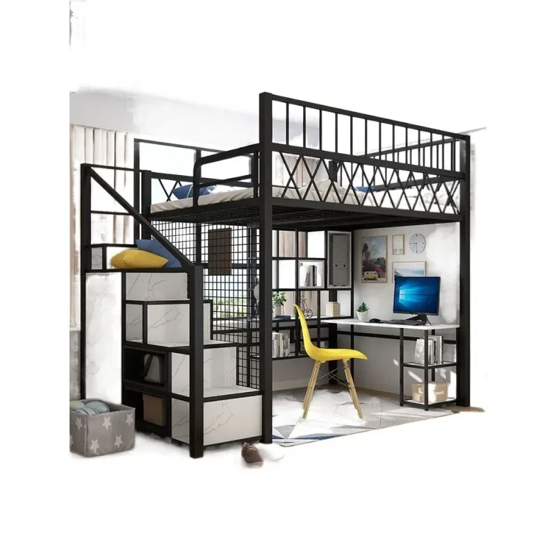 Multifunctional space-saving elevated bed apartment duplex single upper floor small apartment wrought iron high