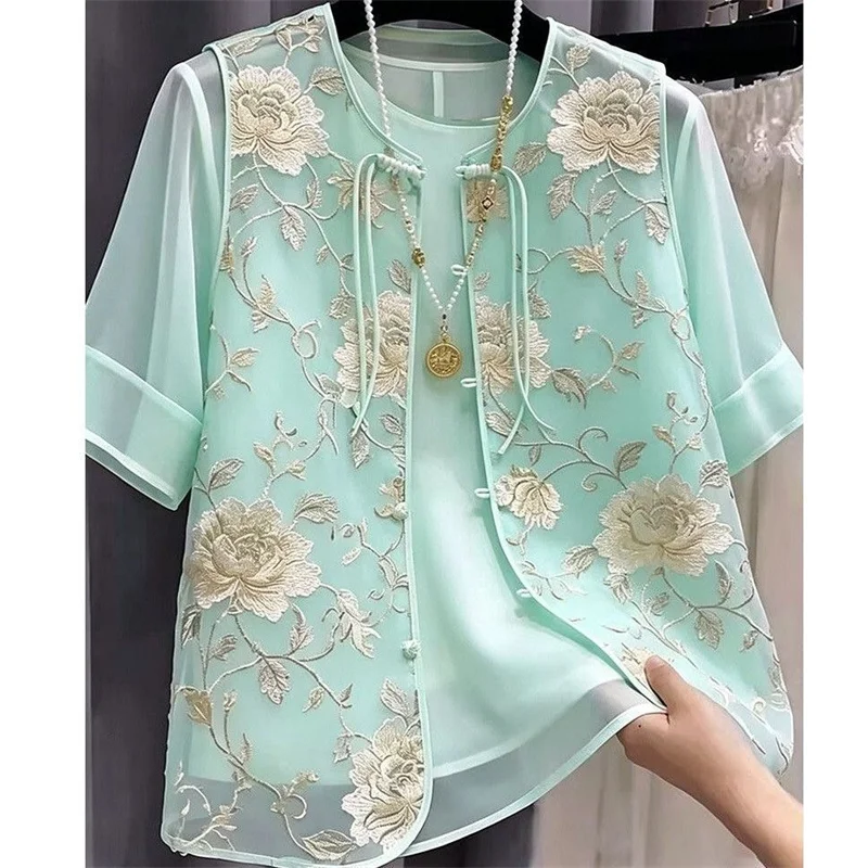 New Chinese Mint Green Peony Embroidered Vest Coat Retro Tassel Buckle Tulle Gentle Slim Short Sleeve Coat Sleeveless Vest Coat