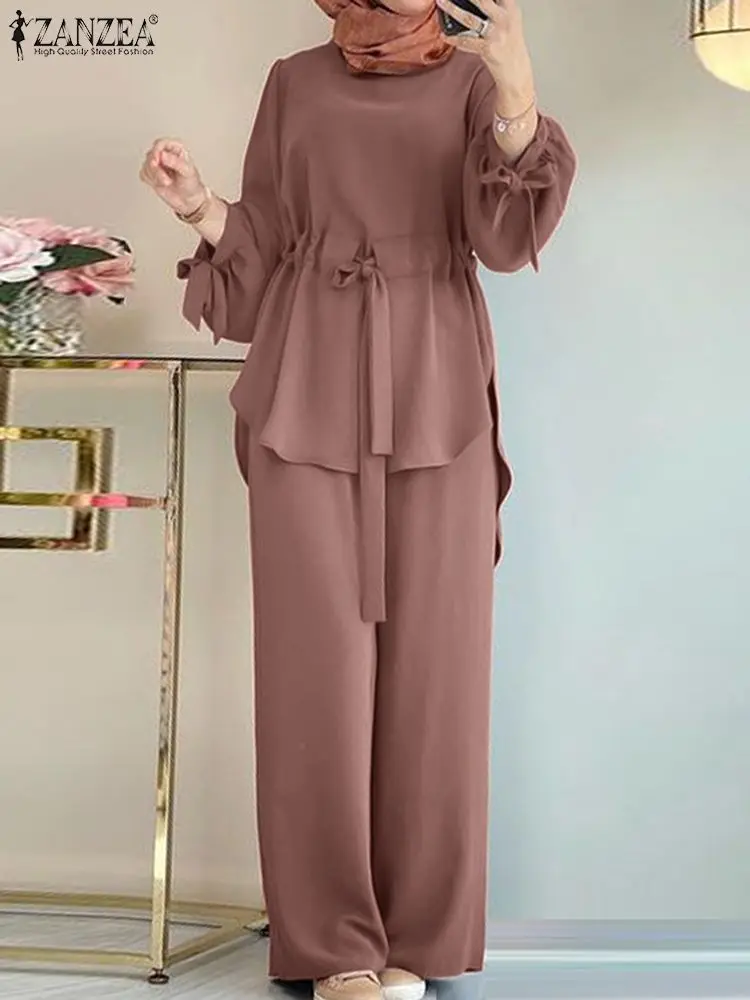 ZANZEA femmes musulmanes correspondant ensembles à manches longues dessus de couleur unie et pantalon ample costumes élégant mode survêtement de sport caftan 2025