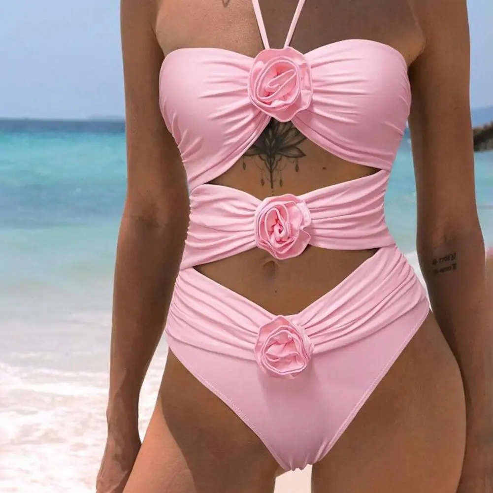 Sexy rosa 3d Blume Bade bekleidung Frau Bikini einteilige Badeanzüge Beach wear Neck holder Badeanzug Frauen Monokini