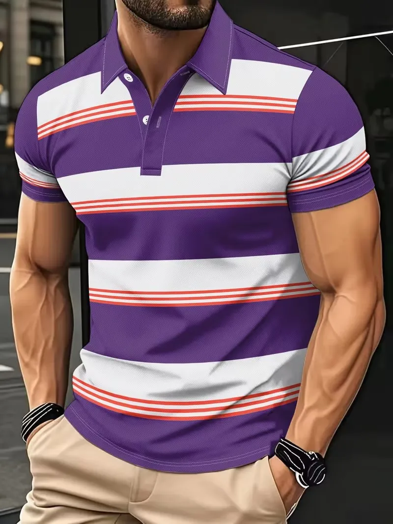2026 summer men's new short sleeved polo shirt, with a 3D printed simple stripe fashion casual top with buttons on the collar