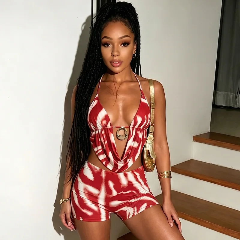 Women Sexy Striped Print 2 Piece Set Shell Decoration Swinging Collar Lace Up Halter Backless Tanks Top + Shorts Clubwear Suits