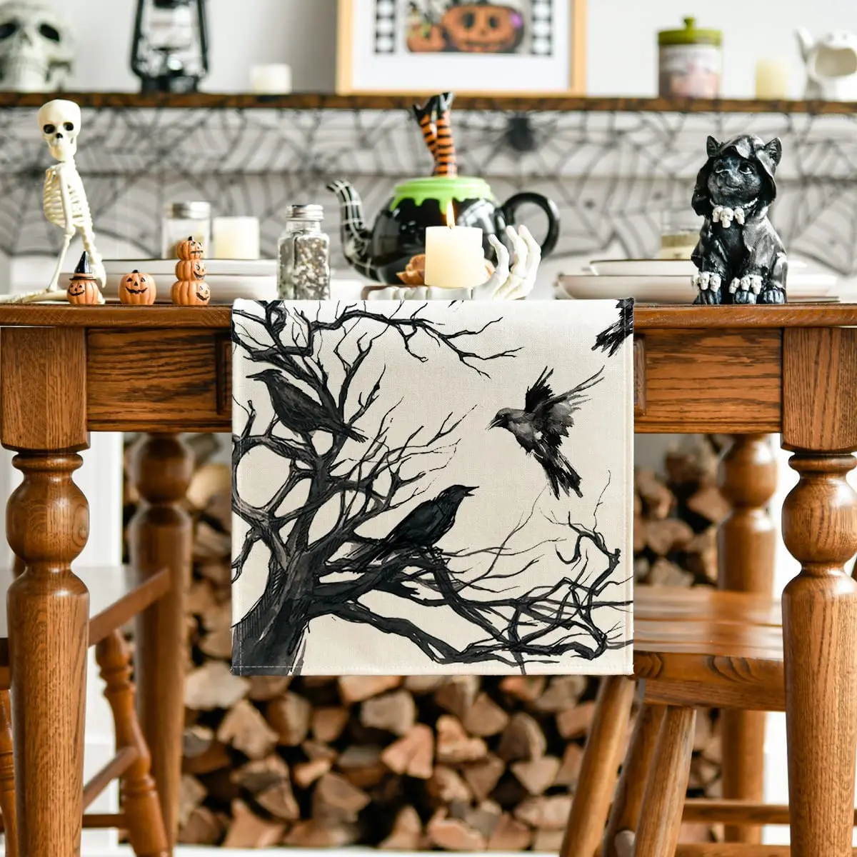 Halloween Rectangle Table Runner, Branch Crow Print Kitchen Table Decorations Indoor Outdoor Home Party Accessories