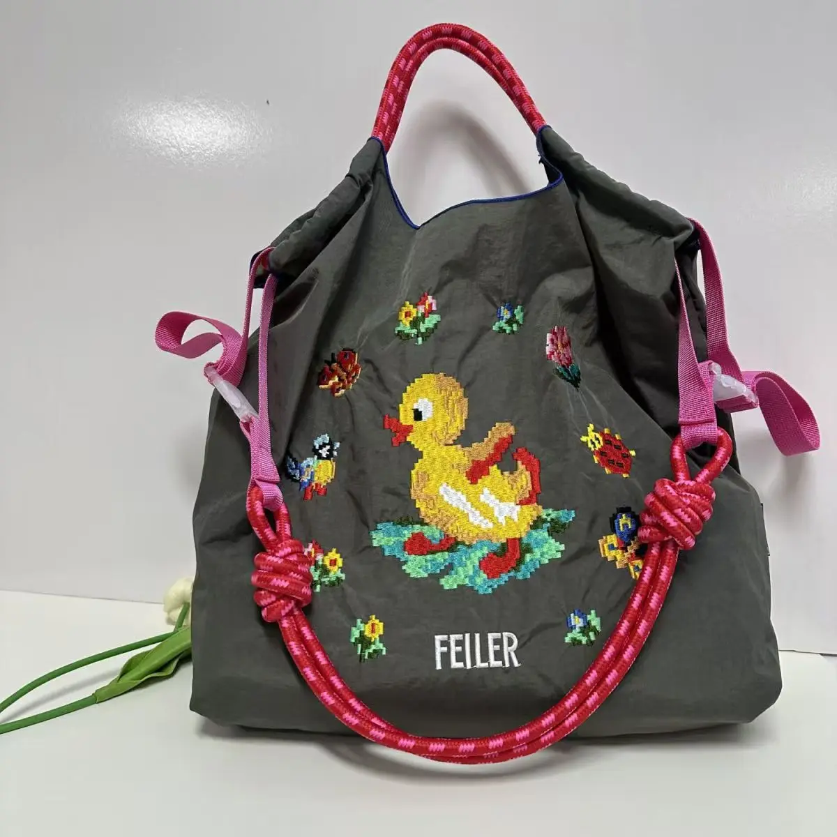 Draw String Hand Bag Oxford Cloth Embroidery Tote Reuseable Nylon Bag Portable Shoulder Bag Korea Bag Foldable Bag Embroidery