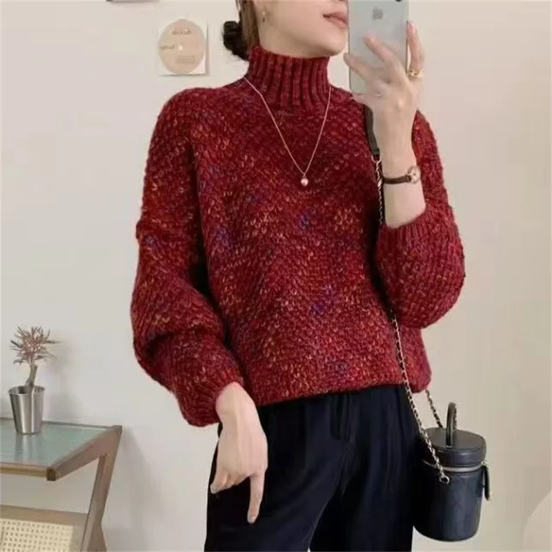 Winter Ladies Fashion Knitted Sweater Tops Korean Women High Neck Jacquard Knitted Autumn Female Dyeing Loose Pullover Knitting
