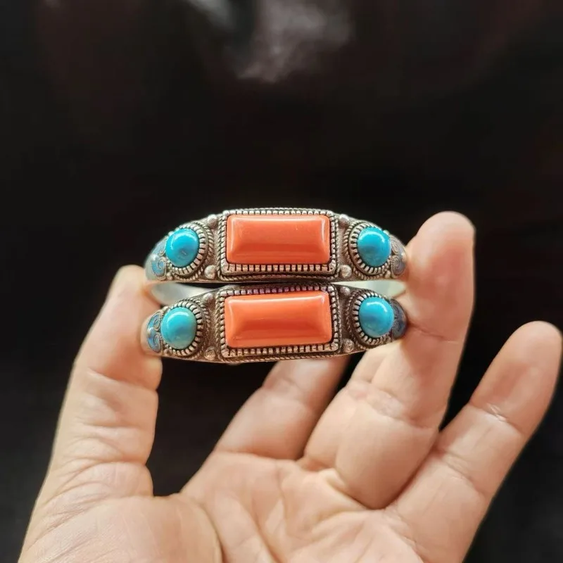 

Tibetan silver bracelet with an open inlaid interface handmade bracelet, a classic gift for friends
