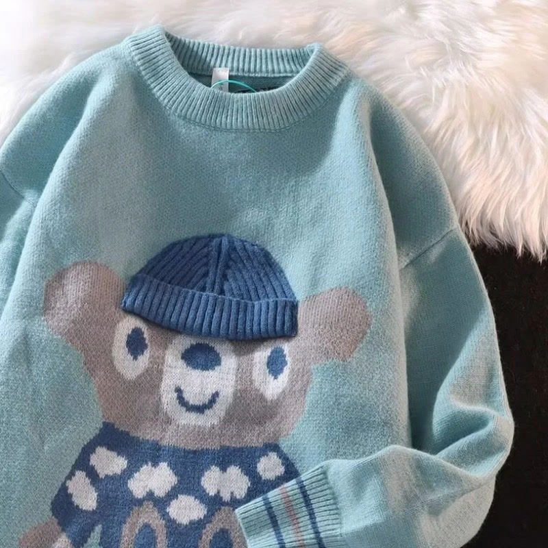 Frühling Herbst Bär Druck Männer Langarm o Hals Strick pullover Japan Stil Jugend mode lässig übergroße Pullover schwarz blau