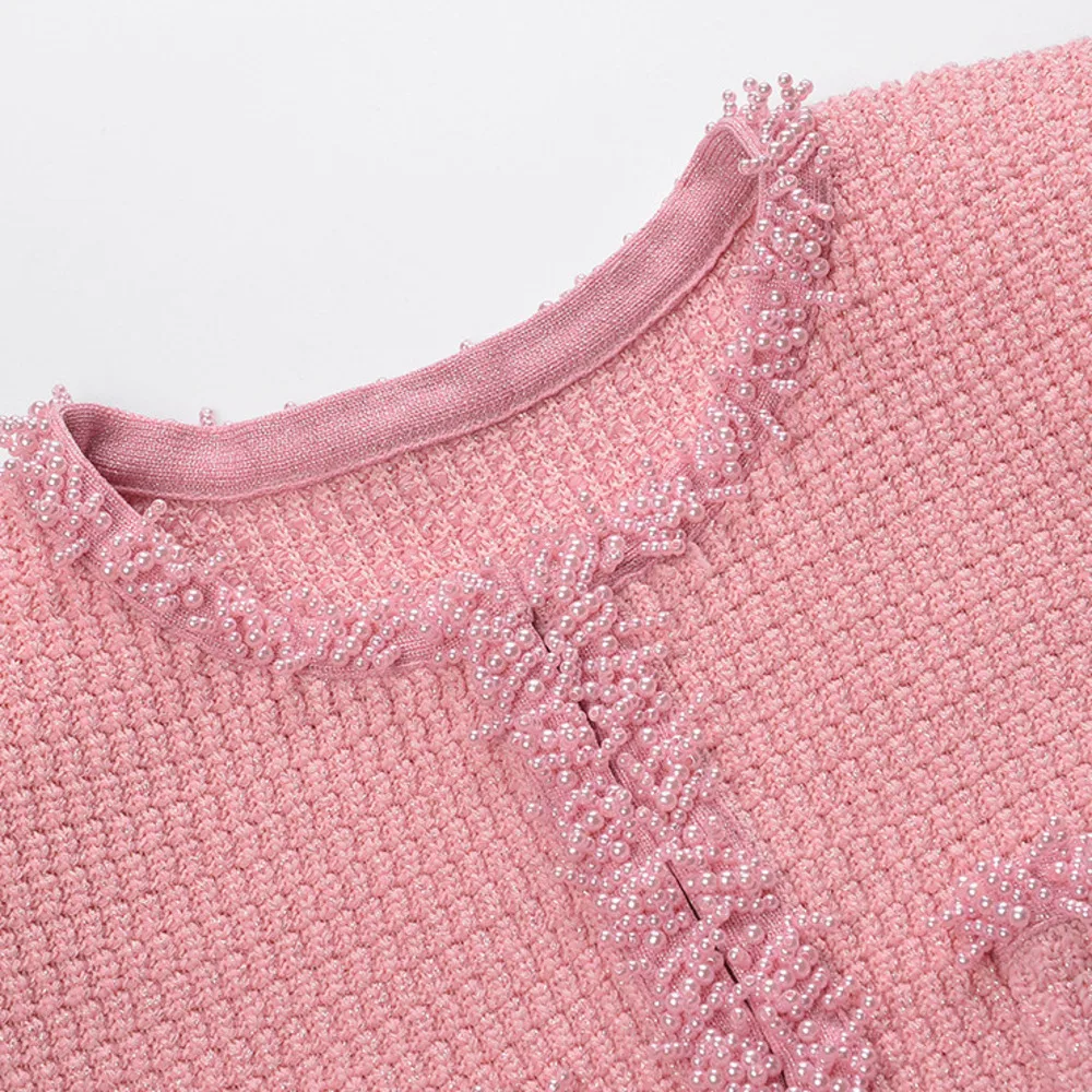 CHUJIE 2025 Jesień Zima Nowa Francuska Sukienka w Stylu Socjality, Lekki Luksus, Ozdobiona Koralikami, Okrągły Dekolt, Imitacja Dwuczęściowej, Z Falbanami, Dopasowany Krój, Długa Sukienka