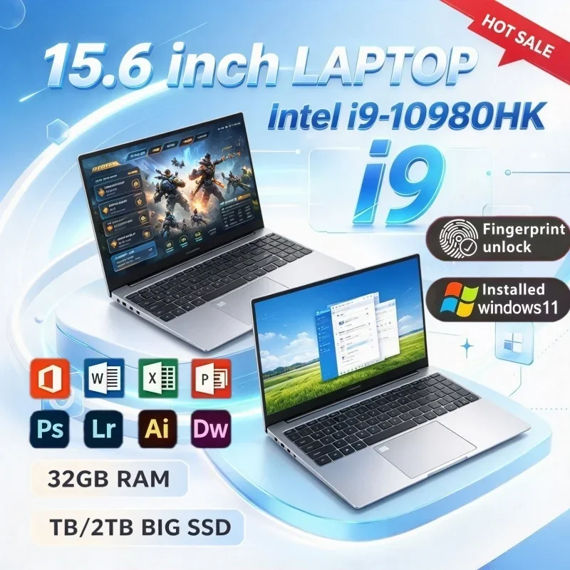 Laptop Intel i9-10980HK Bright Display 15.6 Inch New Ultra-thin Portable Laptop Windows11 16GB/32GB RAM 1/2TB Large SSD