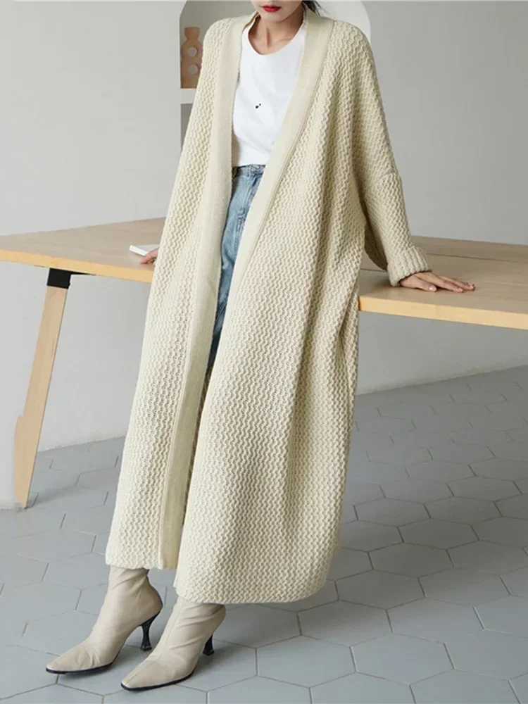 Long Knitting Cardigan Sweater  Big Size Loose Fit V-Neck Long Sleeve Women New Fashion Tide Autumn Winter 2024 Warm Coat