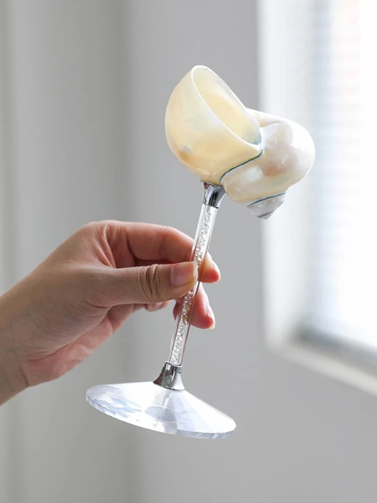 2Pcs Natural Conch Shell Goblet Glass,Champagne Wine Glass, Kitchen Drinkware Set, Natural Coastal Decor with Gold/Silver Handle