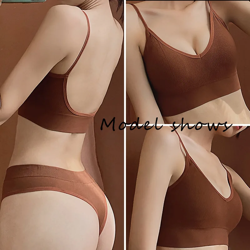 Women Seamless Bra Set Sexy 4Sizes Thong Low Waist Panties No Wire Push Up Vest Bralette Lingerie Brassiere Female Underwear Set image 4