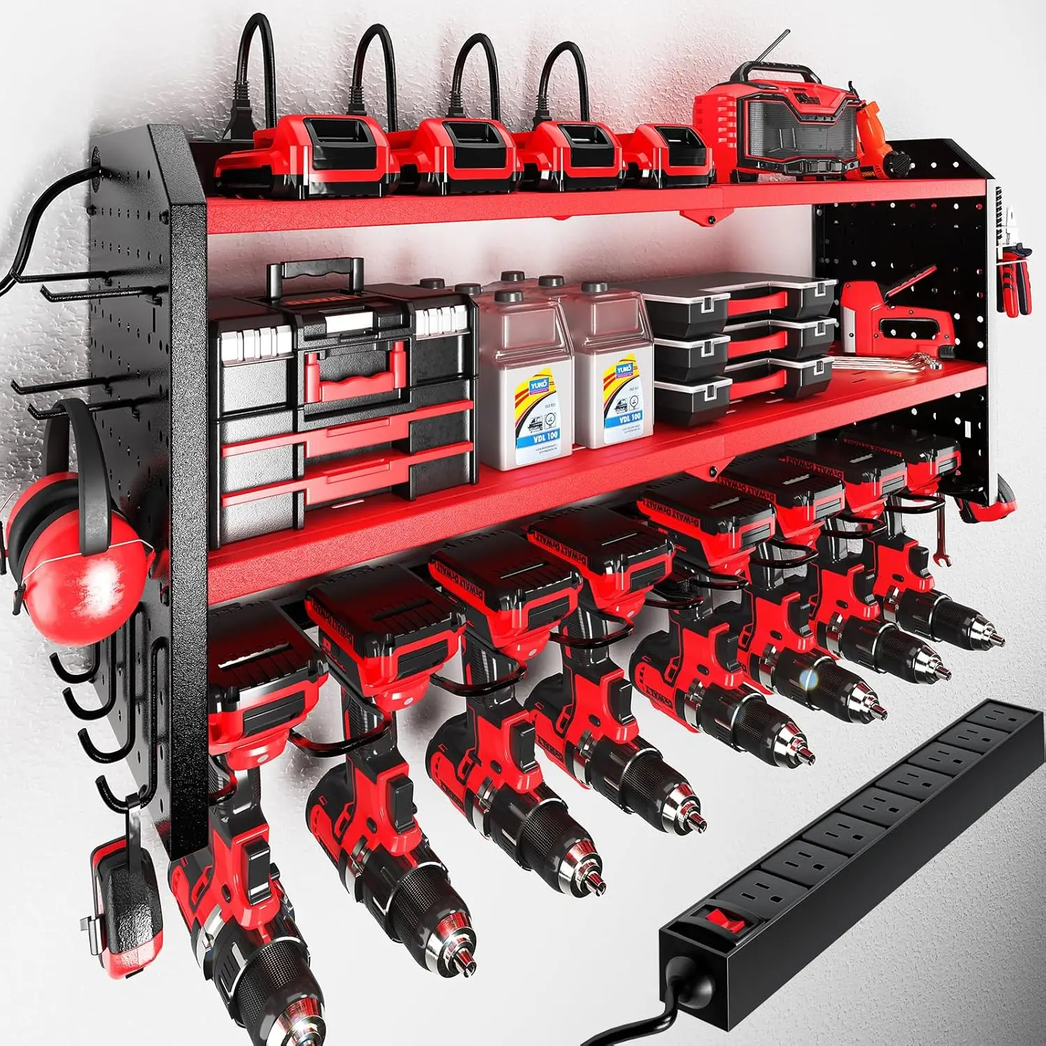 

Heavy Duty Metal Power Tool Organizer with Charging Station, 8 Outlet Strip, Wall Mount Rack for Garage Storage Red