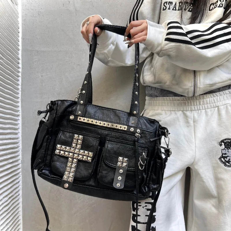 DoLife Store Y2K Rivet Punk Cross Tote Bag Heavy Industry Subculture Visual Department Handheld Messenger Bag OOTD